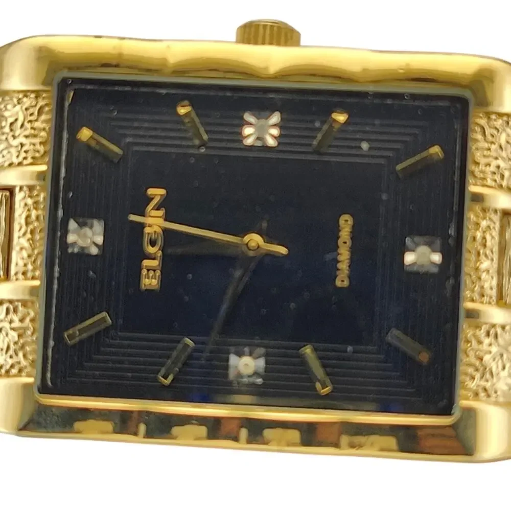 Elgin Gold Tone Diamond Accent Rectangle Dial Quartz Watch Base Metal Band